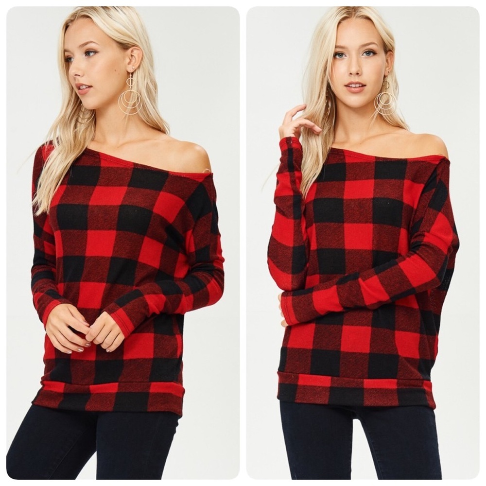 Buffalo Plaid Red and Black One Shoulder Sweater - Picture 3 of 3